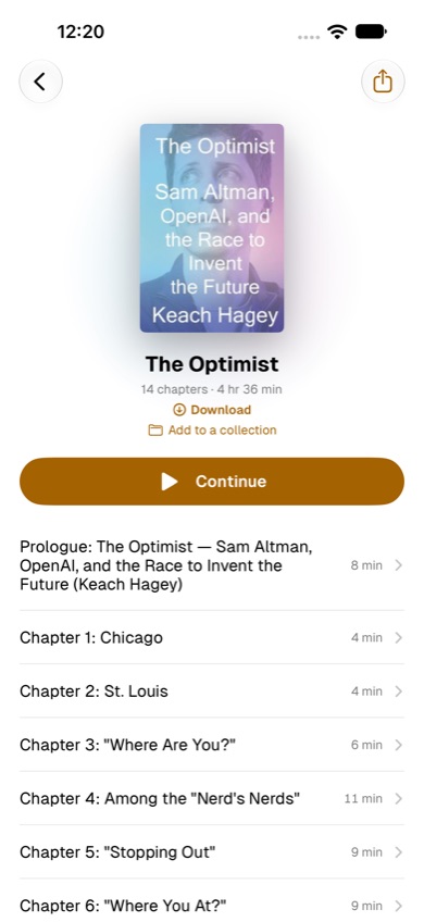 A book's page: its chapters, with Continue and Download